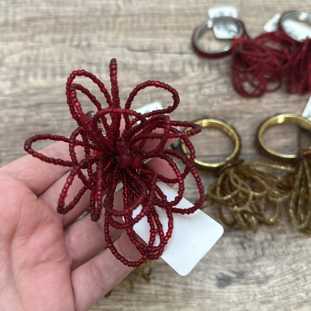 NWT 8 Pier 1 Napkin Rings Floral Beaded Jeweled Christmas Red Gold